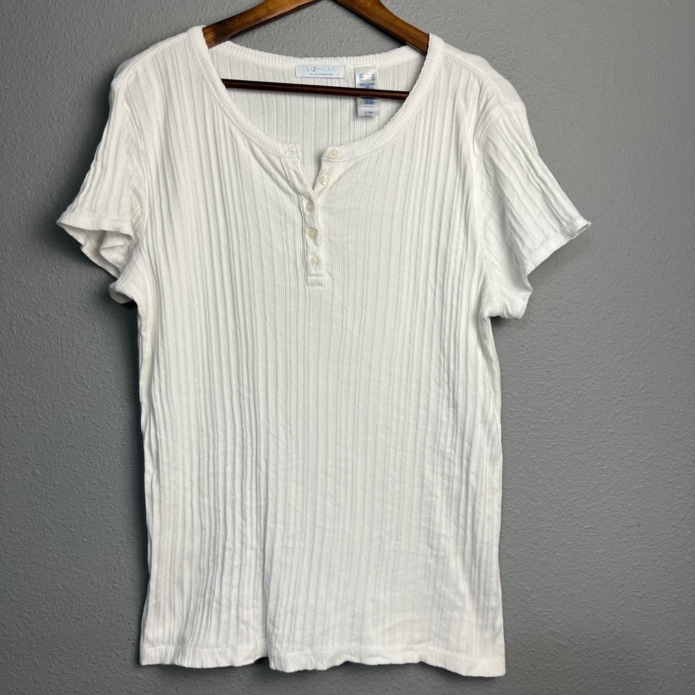 Lizwear by Liz Claiborne Y2K White Ribbed Knit Henley Top Sh/SL 1/4 Button Up XL